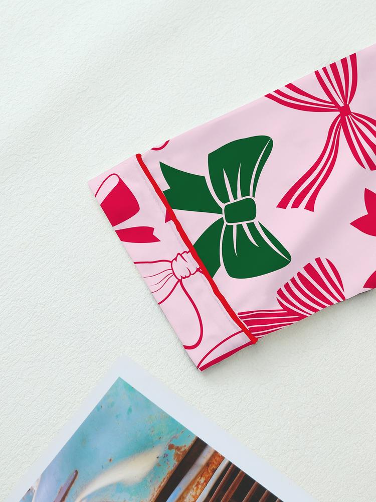 Women's Christmas Pajama Set, & Bow Design, Fitted Long Sleeve Top & Pants, Fall Winter Comfortable Sleepwear