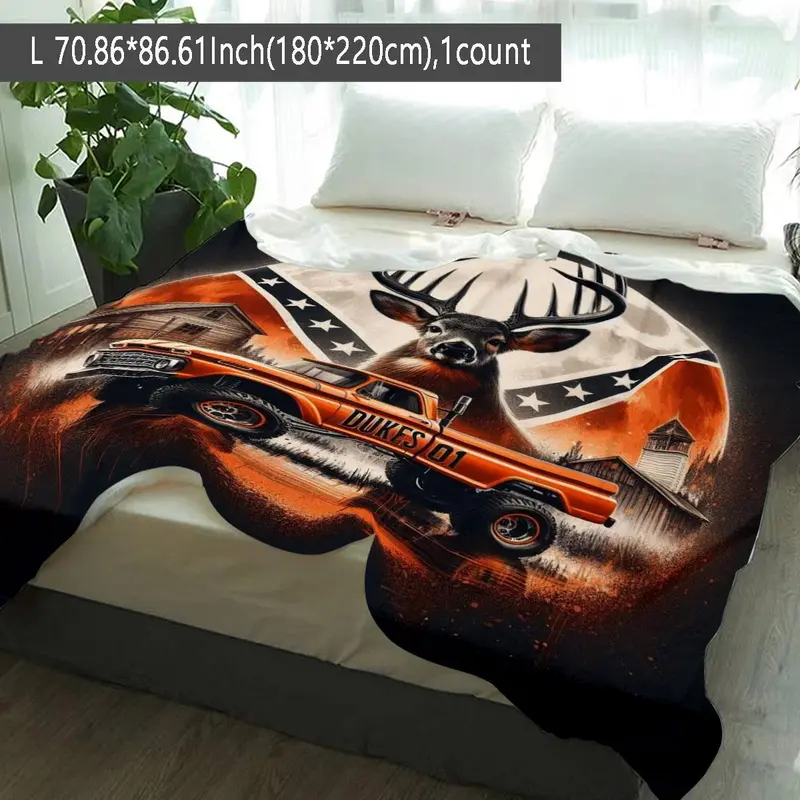 Truck & Deer Pattern Throw Blanket – Soft, Warm & Cozy for Home and Office