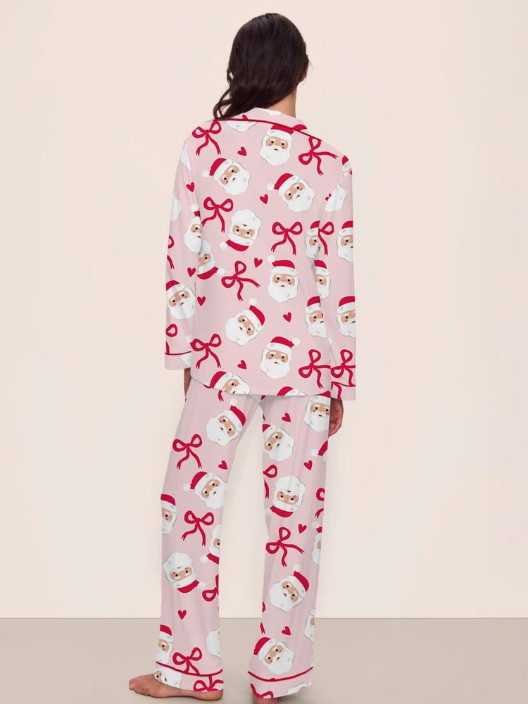 【Christmas Pajamas】Women's Christmas Pajama Set, Cute Santa Claus Bowknot Comfortable Sleepwear, Long Sleeve Top & Pants Two-Piece, Loungewear