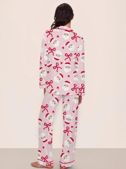 【Christmas Pajamas】Women's Christmas Pajama Set, Cute Santa Claus Bowknot Comfortable Sleepwear, Long Sleeve Top & Pants Two-Piece, Loungewear