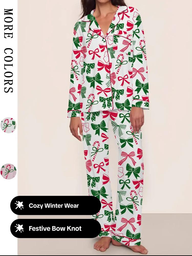 Women's Christmas Pajama Set, Bowknot Design, Comfortable Fitted Sleepwear, Fall & Winter Home Wear, Cute Party
