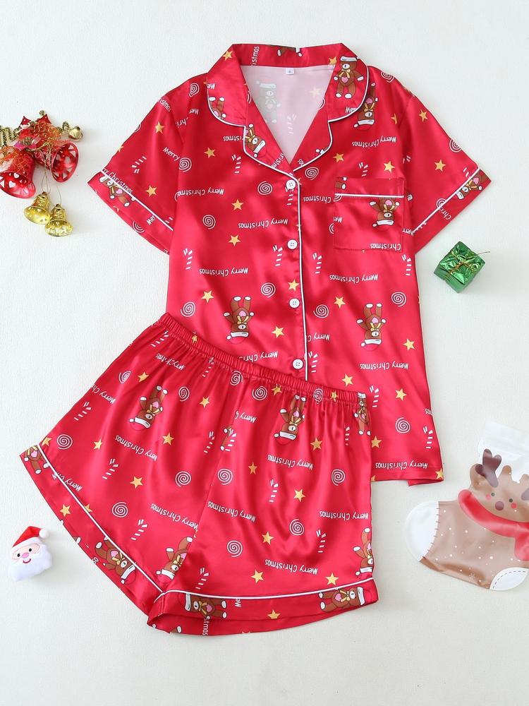 Two-Piece Set Women's Christmas Print Lapel Neck Pocket Shirt & Elastic Waist Shorts Pajama, Casual Comfy Short Sleeve Button Up Top & Shorts PJ Set, Ladies Sleepwear for All Seasons, Loungewear