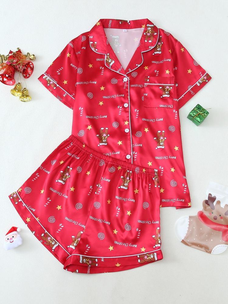 Two-Piece Set Women's Christmas Print Lapel Neck Pocket Shirt & Elastic Waist Shorts Pajama, Casual Comfy Short Sleeve Button Up Top & Shorts PJ Set, Ladies Sleepwear for All Seasons, Loungewear