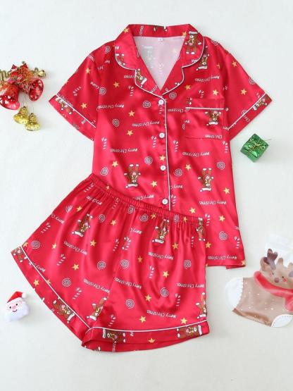Two-Piece Set Women's Christmas Print Lapel Neck Pocket Shirt & Elastic Waist Shorts Pajama, Casual Comfy Short Sleeve Button Up Top & Shorts PJ Set, Ladies Sleepwear for All Seasons, Loungewear