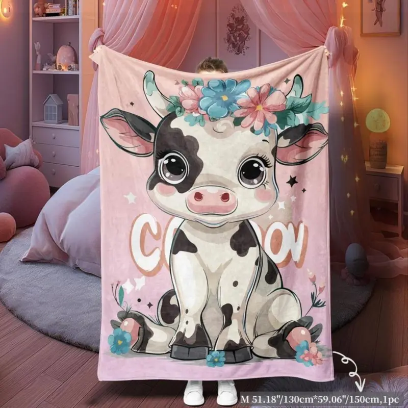 Funny Cartoon Cow Throw Blanket – Soft Cozy Flannel for Bed, Sofa, Office & Travel, Cute Farm Animal Gift