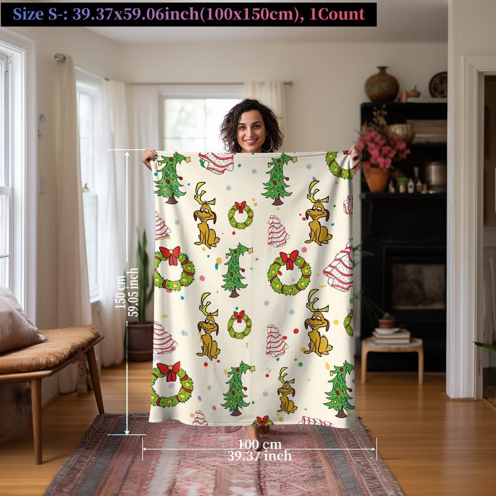 Grinch Max Christmas Flannel Blanket, Trees & Wreaths Design, Background, Soft Warm Festive Throw for Sofa Bed Holiday Decor