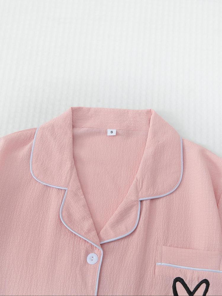 Women's Heart/All Over Fruit Print Contrast Binding Pyjama Set, Short Sleeve Lapel Neck Button Up Top & Elastic Waist Shorts PJ Set, Casual Comfy Loungewear Set for Women