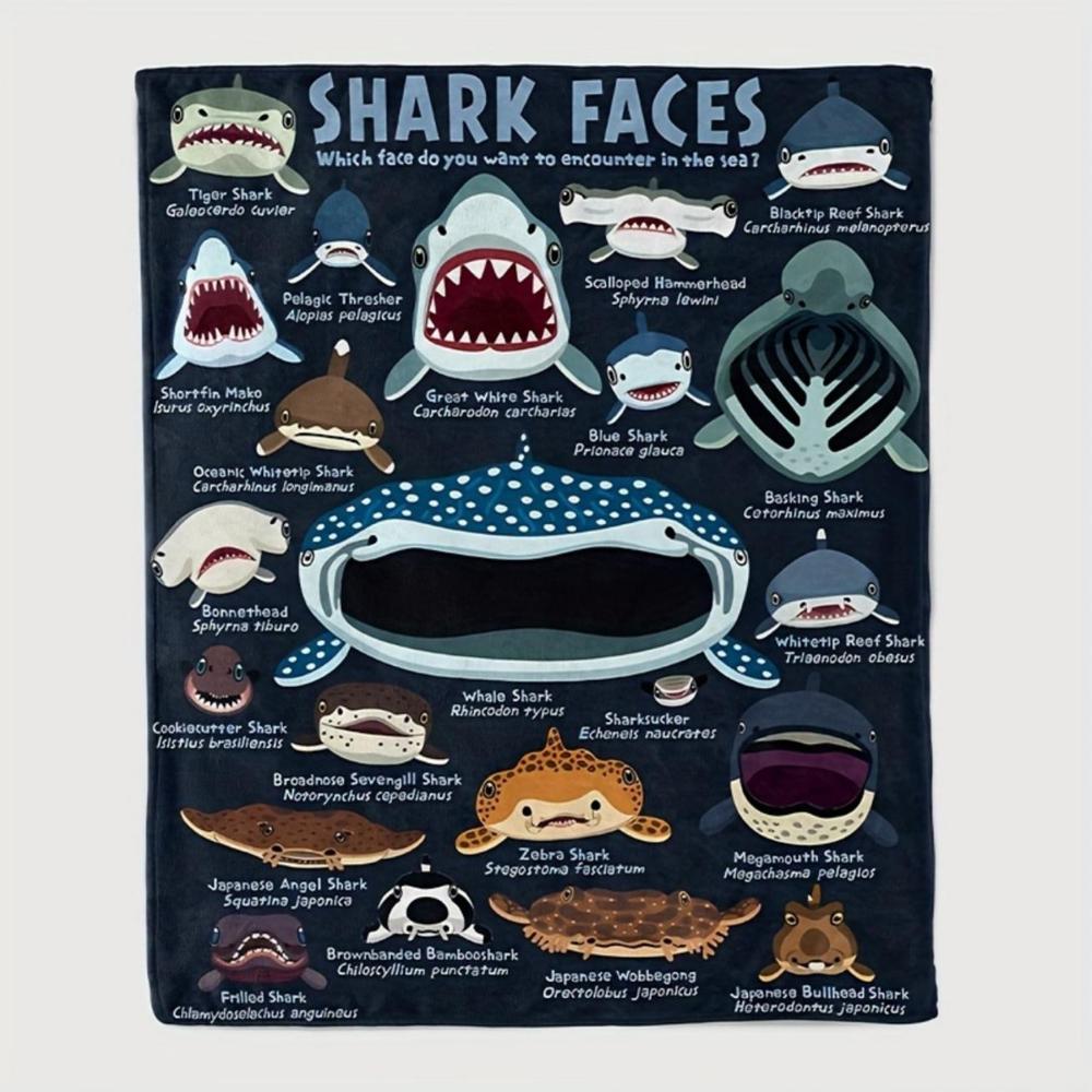 Soft Funny Throw Blanket Coastal Style Shark Faces Flannel All-Season Knitted,Multipurpose For Travel,Camping,Sofa Animal Theme Printed Blanket