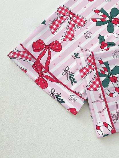 Women's Christmas Pajama Set, Bowknot Design, Comfortable Fitted Sleepwear, Fall & Winter Home Wear, Cute Party