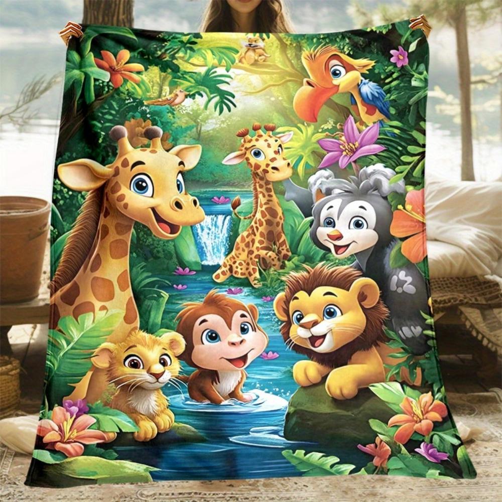 Soft Funny Throw Blanket Jungle Animals Flannel Fleece Digital Print Blanket For Sofa,Bed,Travel Lightweight,All-Season,Cozy,Chunky Knit,Uncharged Giraffe,Monkey,Lion Pattern Versatile For Office,Living Room