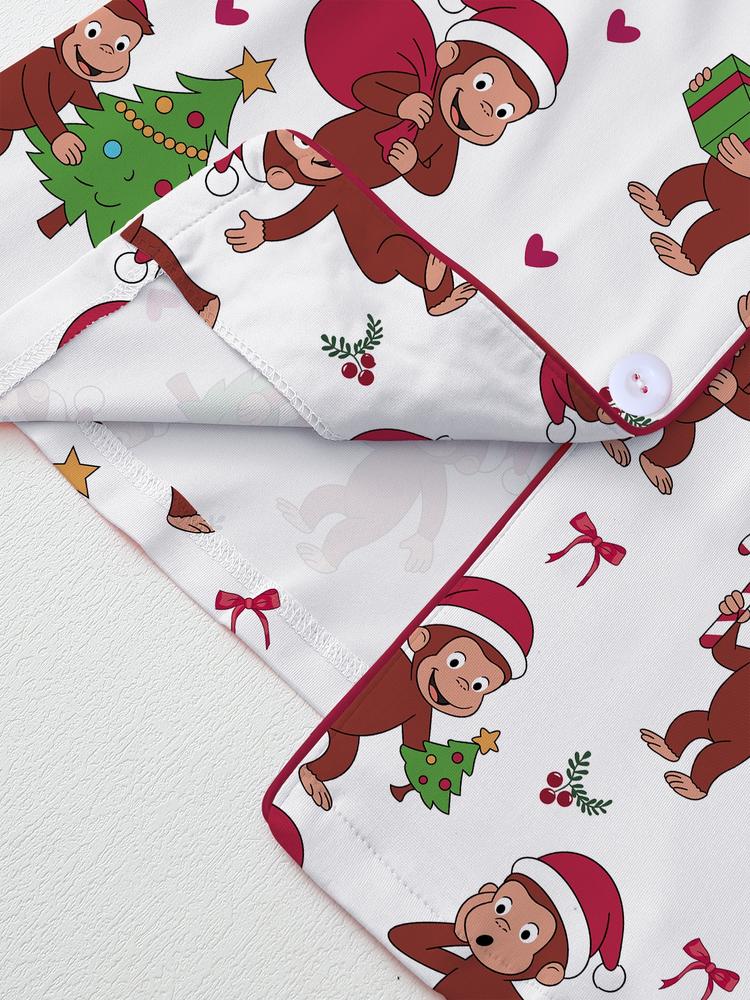 Cute Christmas Monkey Pajama Set, Comfortable Sleepwear for All Seasons, Fitted Cartoon Pattern Nightgown, Ideal Holiday Gift