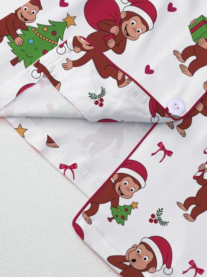 Cute Christmas Monkey Pajama Set, Comfortable Sleepwear for All Seasons, Fitted Cartoon Pattern Nightgown, Ideal Holiday Gift