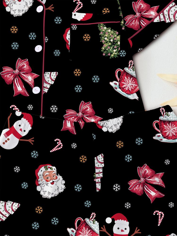 Women's Christmas Pajama Set Two-Piece Sleepwear Short Sleeve Button-Up Top & Shorts Casual Home Wear Comfortable Party