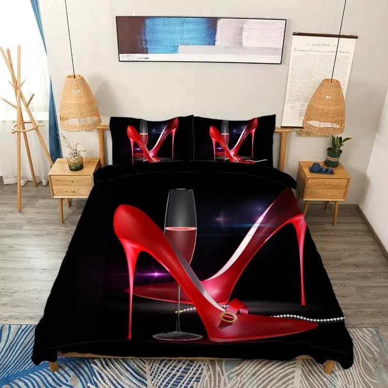 3D 4-Piece Duvet Cover Set Sexy Red Pointy High Heels And Wine Glass G