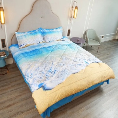 3D Coastal Beach Comforter Set 3-Piece Scenery Bedding High-Quality Microfiber No-Fading Soft Lightweight Comforter with 2 Pillowcases Colorfast Wear-resistant Endurable Skin-friendly