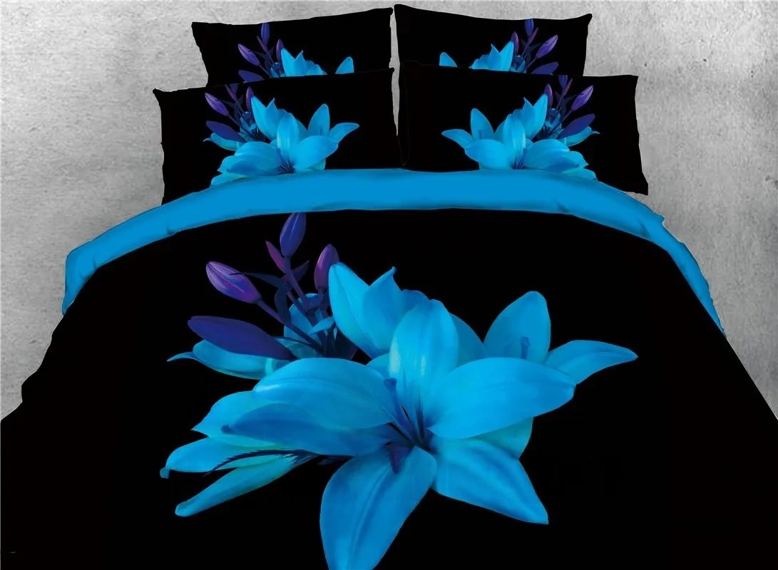 Blue Flower Blooming in the Dark 3D 4-Piece Bedding Sets/Duvet Cover Set Black Background Microfiber