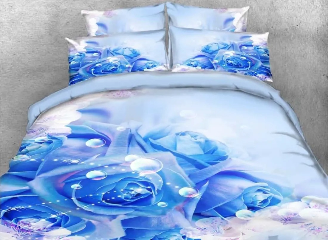 Blue Roses and Bubbles Printed 4-Piece 3D Floral Bedding Set/Duvet Cover Set Microfiber