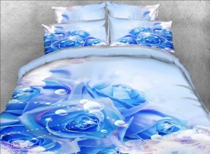 Blue Roses and Bubbles Printed 4-Piece 3D Floral Bedding Set/Duvet Cover Set Microfiber