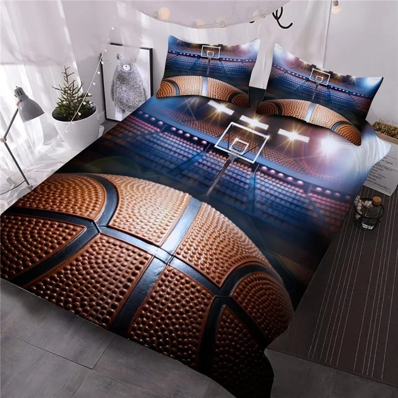 Basketball Court 3D Printed 3-Piece Sporty Comforter Set/Bedding Set For Boys Ligntweight No-fading Comforter for All Seasons