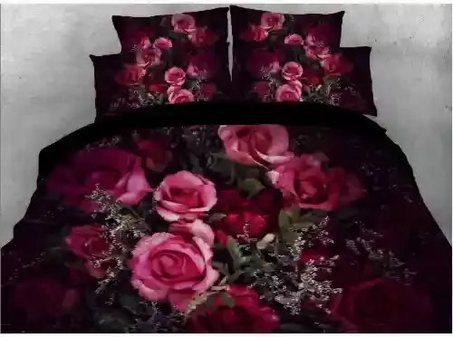 3D Romantic Roses Duvet Cover Set 4-Piece Bedding Set with Non-slip Ti