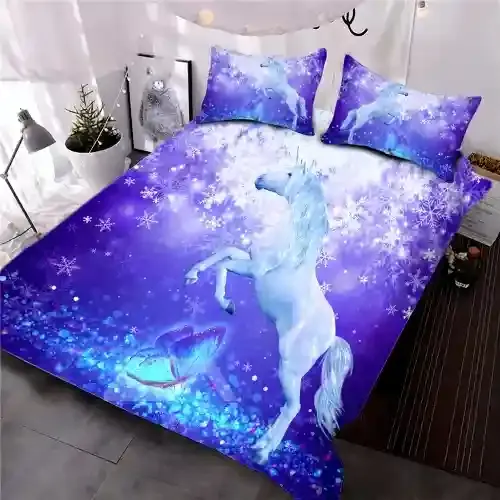 3D Unicorn and Butterfly Print 3-Piece Comforter Set/Bedding Set Purple