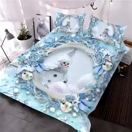 3D Snowman Christmas Ornaments 3-Piece Comforter Set/Bedding Set Blue 