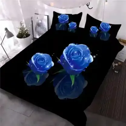 Blue Shining Rose Printed 3-Piece 3D Comforter Set Endurable Skin-friendly All-Season Black Bedding Set