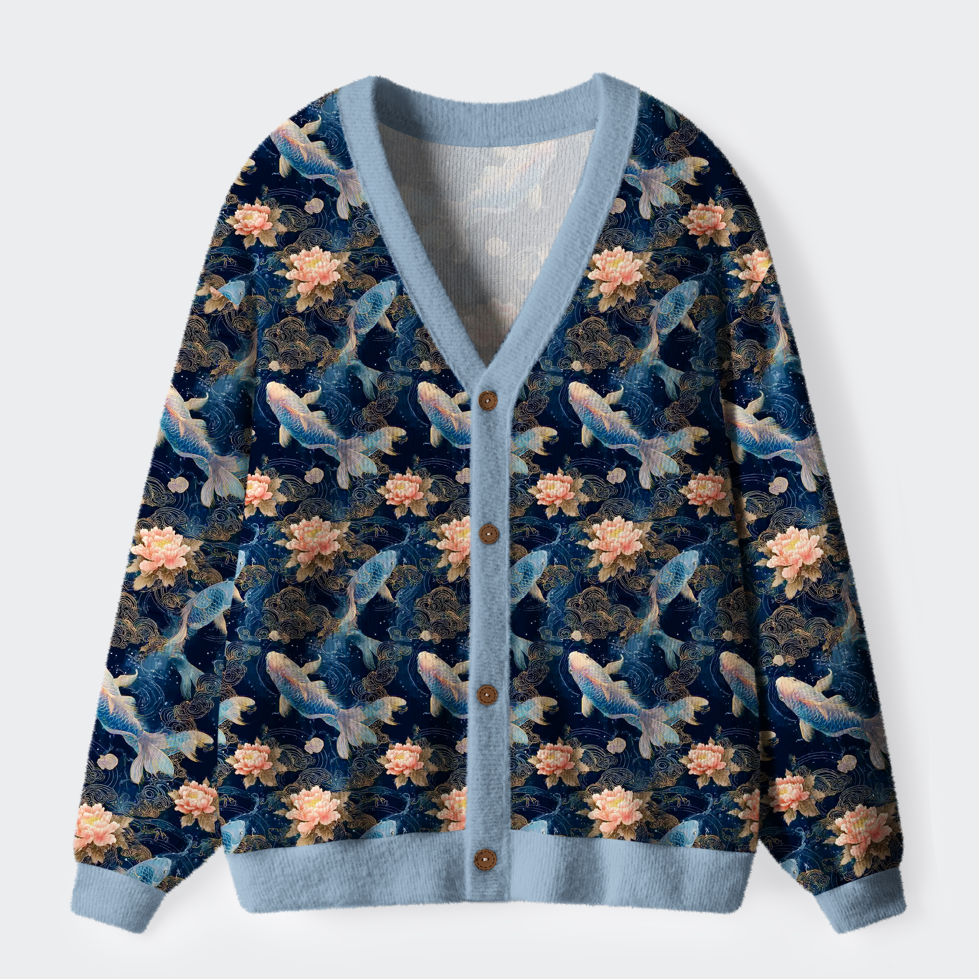 Tokyo-Tiger Serenity Of Koi And Lotus Ugly Cardigan Sweater