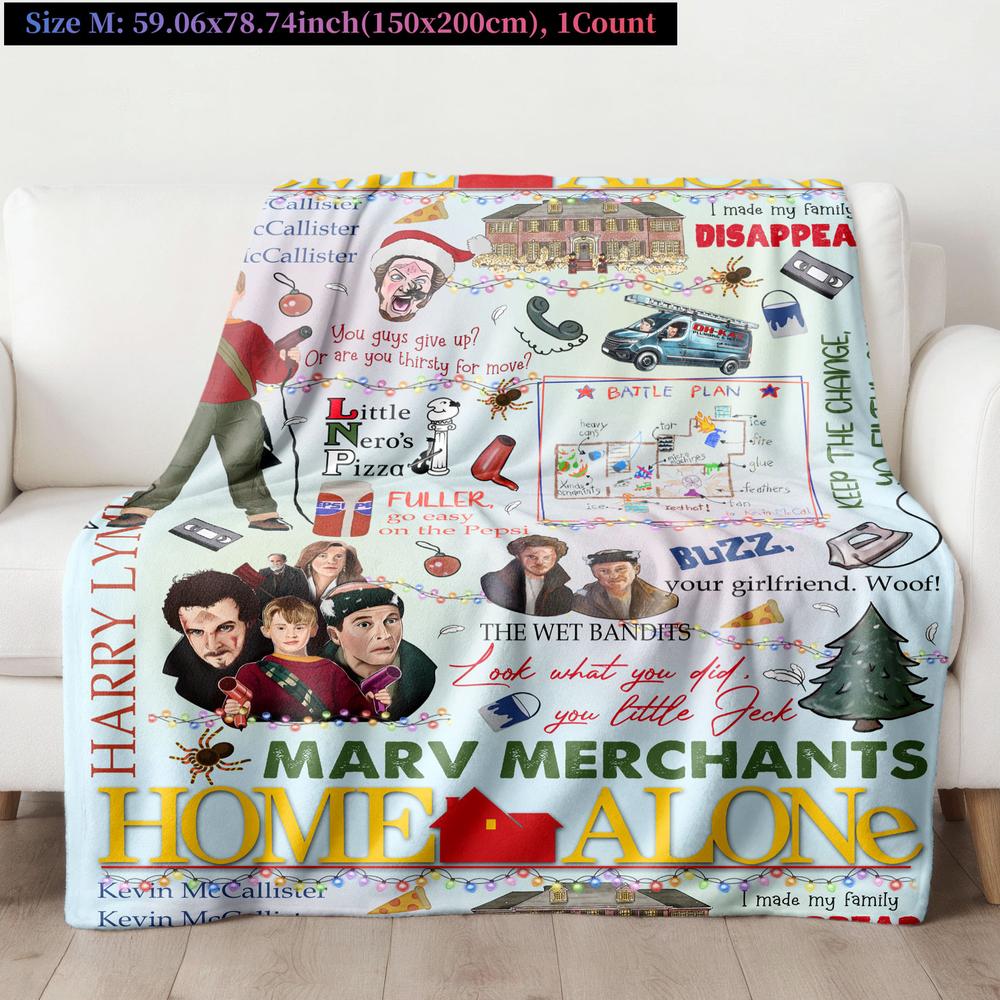 Home Alone themed Christmas blanket featuring Kevin, Wet Bandits, pizza, battle plan, and iconic quotes. Cozy, soft, and festive, perfect for holiday décor, movie nights, or as a fun Christmas gift for family, friends, and fans of the classic film.