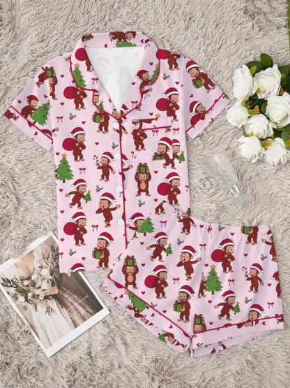 Christmas Cute Monkey Pajama Set, Comfortable Sleepwear for All Seasons, Fitted Cartoon Pattern Nightgown Gift,curious monkey