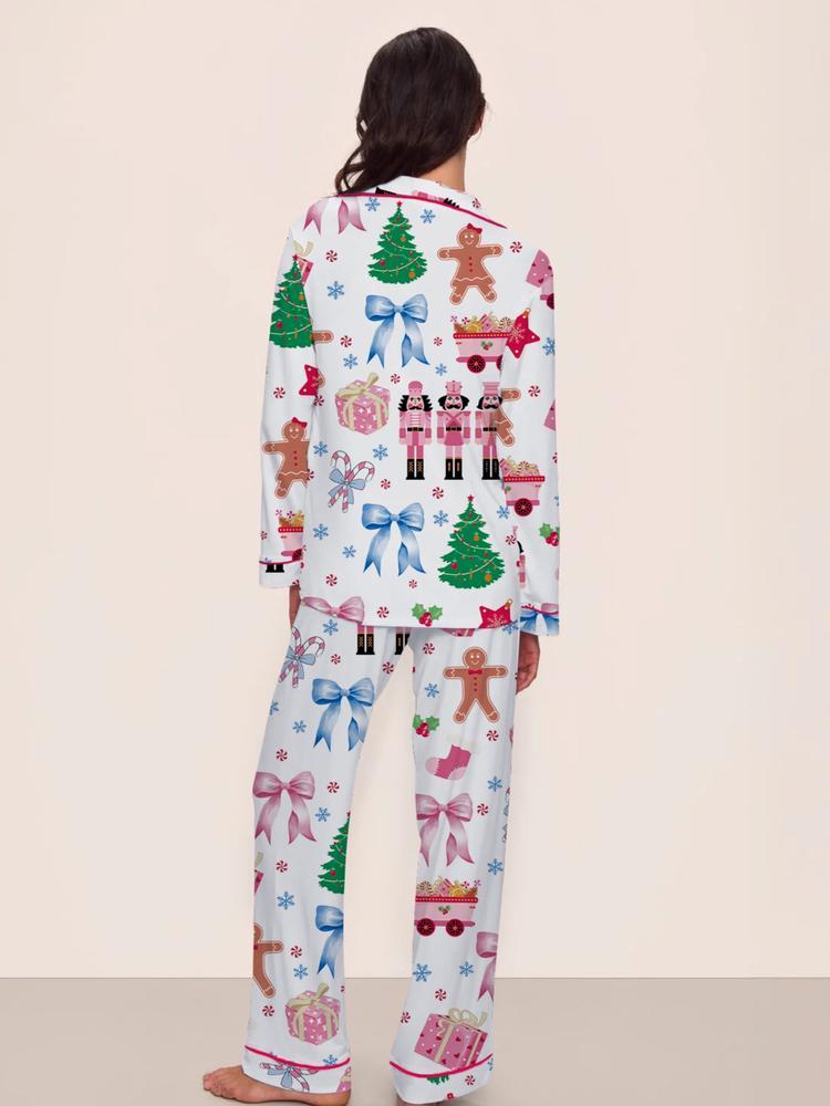 【Christmas Pajamas】Women's Christmas Pajama Set, Elegant Long Sleeve Top & Pants, Fitted Comfortable Sleepwear, Fall Winter Home Wear, Christmas gifts, Gingerbread man，Christmas tree, Snowflake, Candy, Casual Comfy Pajama