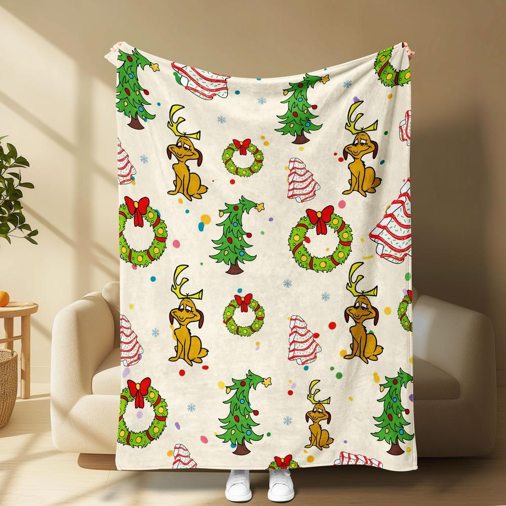 Grinch Max Christmas Flannel Blanket, Trees & Wreaths Design, Backgrou