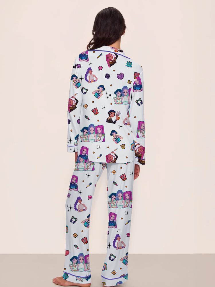 Women's Kpop Demon Hunter Tiger Sleepwear Set, Long Sleeve Button-up Top & Pants, Casual Home Wear, Netflix Fan Gift, Loungewear