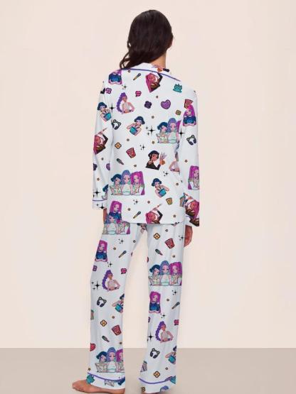 Women's Kpop Demon Hunter Tiger Sleepwear Set, Long Sleeve Button-up Top & Pants, Casual Home Wear, Netflix Fan Gift, Loungewear