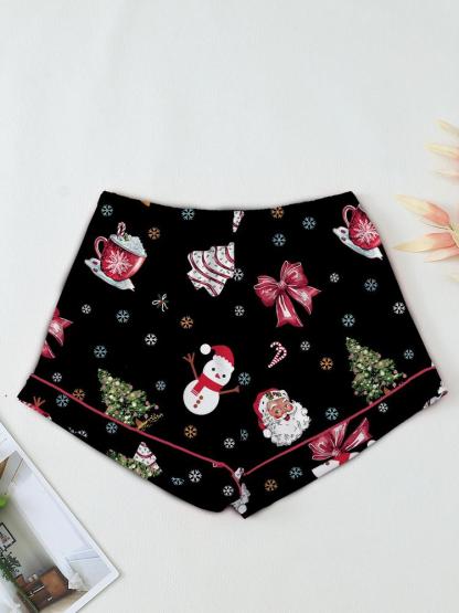 Women's Christmas Pajama Set Two-Piece Sleepwear Short Sleeve Button-Up Top & Shorts Casual Home Wear Comfortable Party