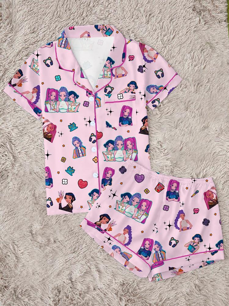 Women's K-Pop Demon Hunter Tiger Pajama Set, Two-Piece Short Sleeve Button-Up Top & Shorts, Comfortable Home Wear, Netflix Fan Gift