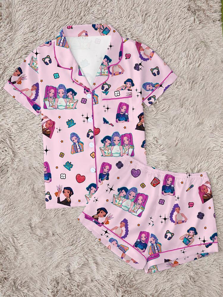 Women's K-Pop Demon Hunter Tiger Pajama Set, Two-Piece Short Sleeve Button-Up Top & Shorts, Comfortable Home Wear, Netflix Fan Gift