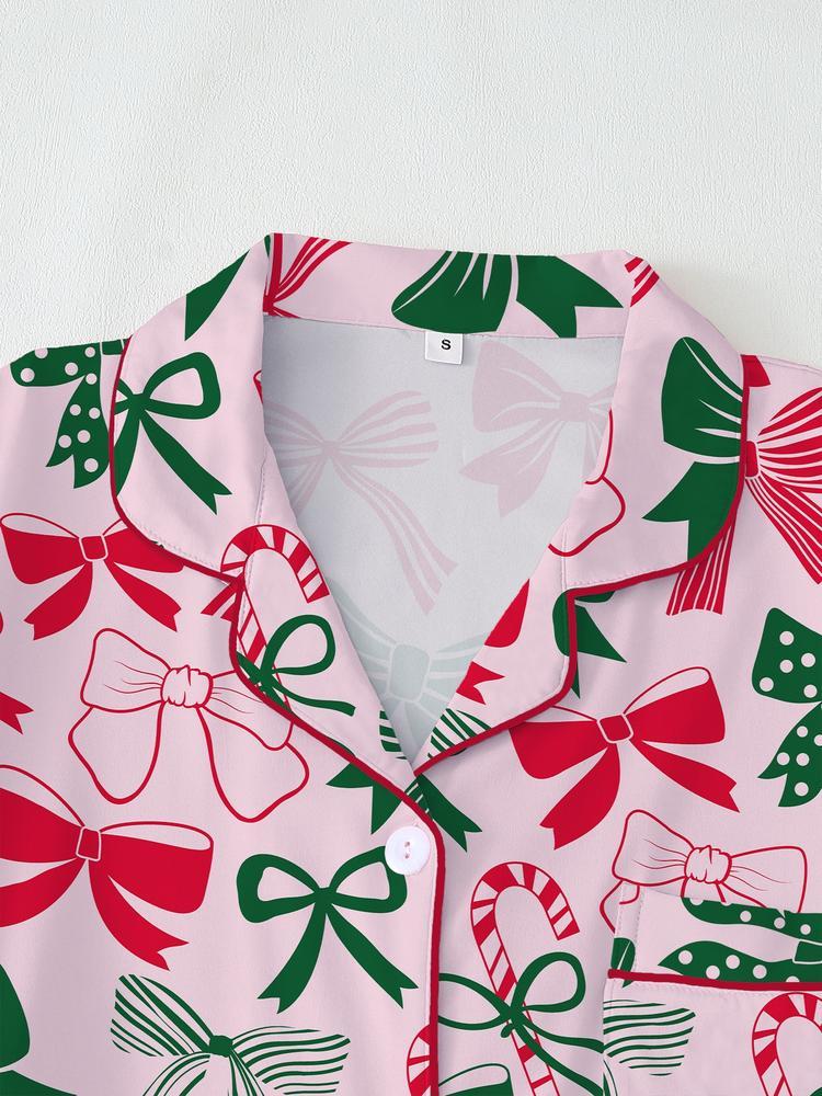 Women's Christmas Pajama Set, & Bow Design, Fitted Long Sleeve Top & Pants, Fall Winter Comfortable Sleepwear