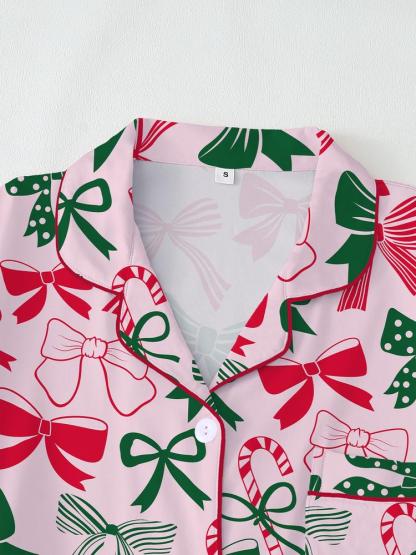 Women's Christmas Pajama Set, & Bow Design, Fitted Long Sleeve Top & Pants, Fall Winter Comfortable Sleepwear