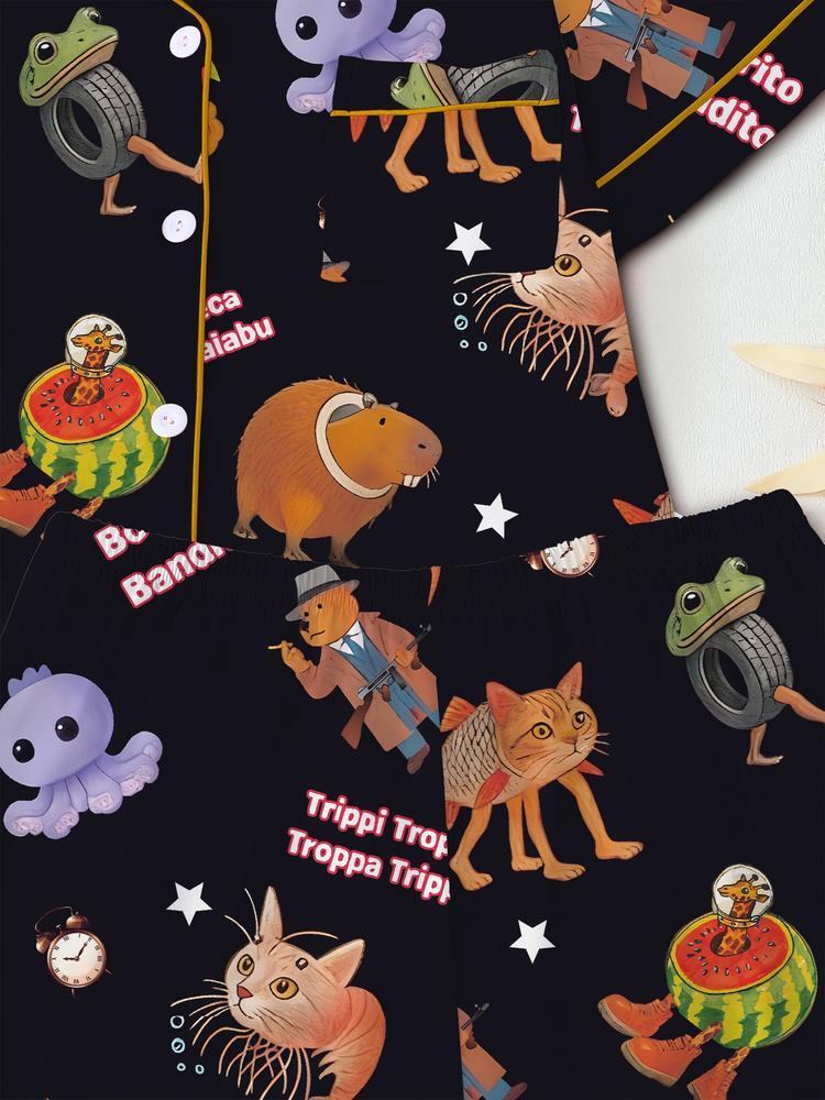 brain rot Teen Boys' Sleepwear Set, Fun Game Night, Role-Playing Party Wear, Cartoon Pattern Home Clothes, Cartoon Print Pajama, birthday&Christmas gifts,