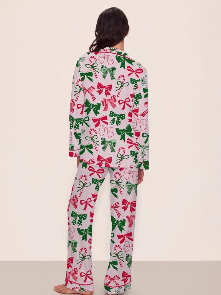 Women's Christmas Pajama Set, & Bow Design, Fitted Long Sleeve Top & Pants, Fall Winter Comfortable Sleepwear