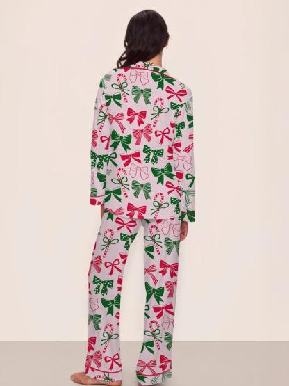 Women's Christmas Pajama Set, & Bow Design, Fitted Long Sleeve Top & Pants, Fall Winter Comfortable Sleepwear