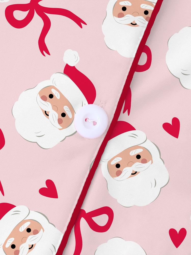 【Christmas Pajamas】Women's Christmas Pajama Set, Cute Santa Claus Bowknot Comfortable Sleepwear, Long Sleeve Top & Pants Two-Piece, Loungewear