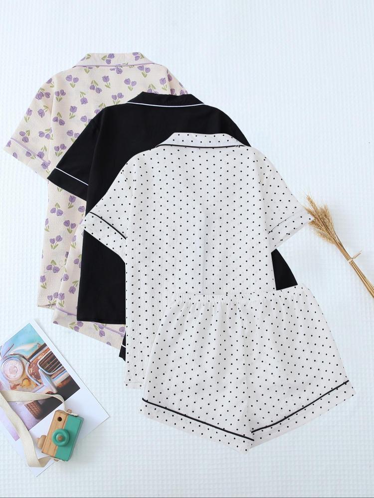 Women's Heart/All Over Fruit Print Contrast Binding Pyjama Set, Short Sleeve Lapel Neck Button Up Top & Elastic Waist Shorts PJ Set, Casual Comfy Loungewear Set for Women Pajamas, Homewear