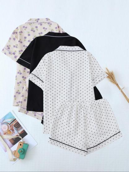 Women's Heart/All Over Fruit Print Contrast Binding Pyjama Set, Short Sleeve Lapel Neck Button Up Top & Elastic Waist Shorts PJ Set, Casual Comfy Loungewear Set for Women Pajamas, Homewear