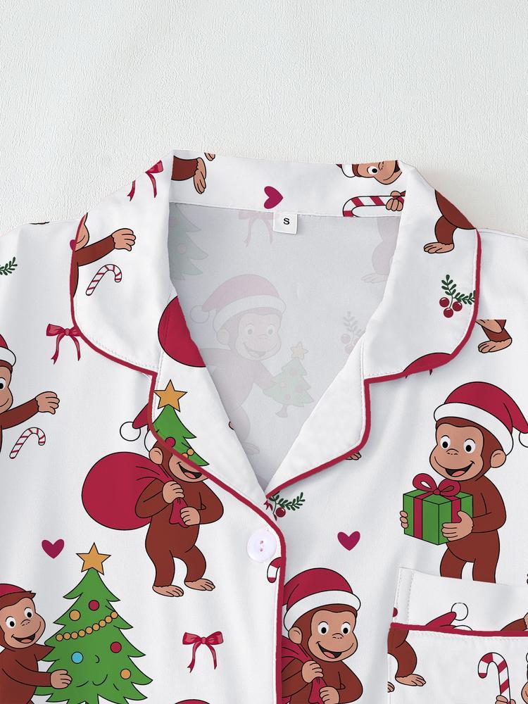Cute Christmas Monkey Pajama Set, Comfortable Sleepwear for All Seasons, Fitted Cartoon Pattern Nightgown, Ideal Holiday Gift