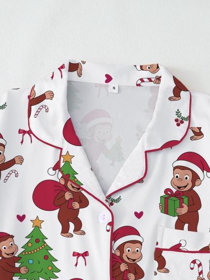 Cute Christmas Monkey Pajama Set, Comfortable Sleepwear for All Seasons, Fitted Cartoon Pattern Nightgown, Ideal Holiday Gift
