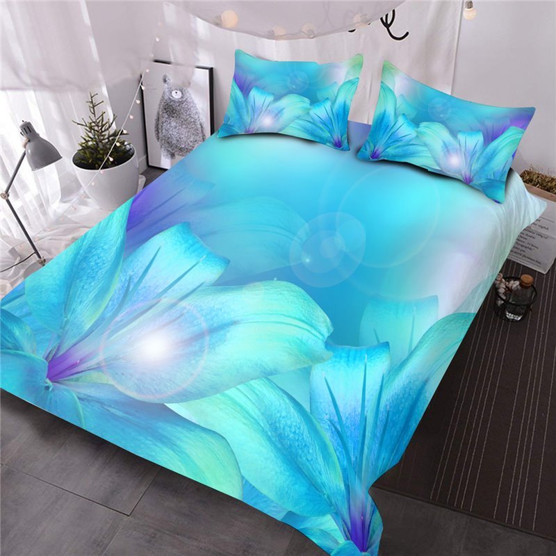 3D Turquoise Greenish Lily 3 PCS Comforter Set Bright Flower Printed B