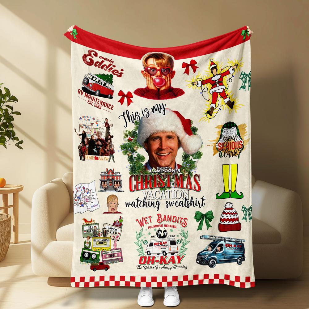 Christmas fleece blanket featuring Home Alone and Christmas Vacation designs with festive movie elements. Cozy, soft, and warm, perfect for holiday décor, bedroom, living room, or office naps. Adds fun and nostalgic Christmas spirit.