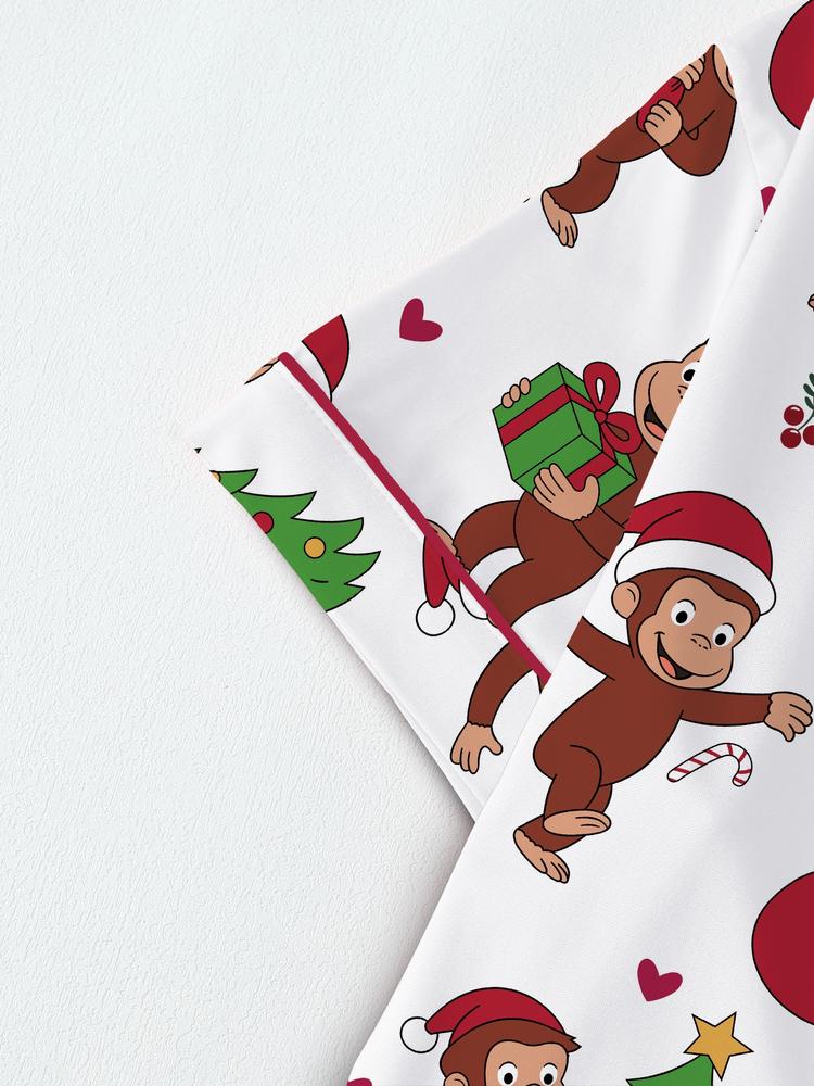 Cute Christmas Monkey Pajama Set, Comfortable Sleepwear for All Seasons, Fitted Cartoon Pattern Nightgown, Ideal Holiday Gift